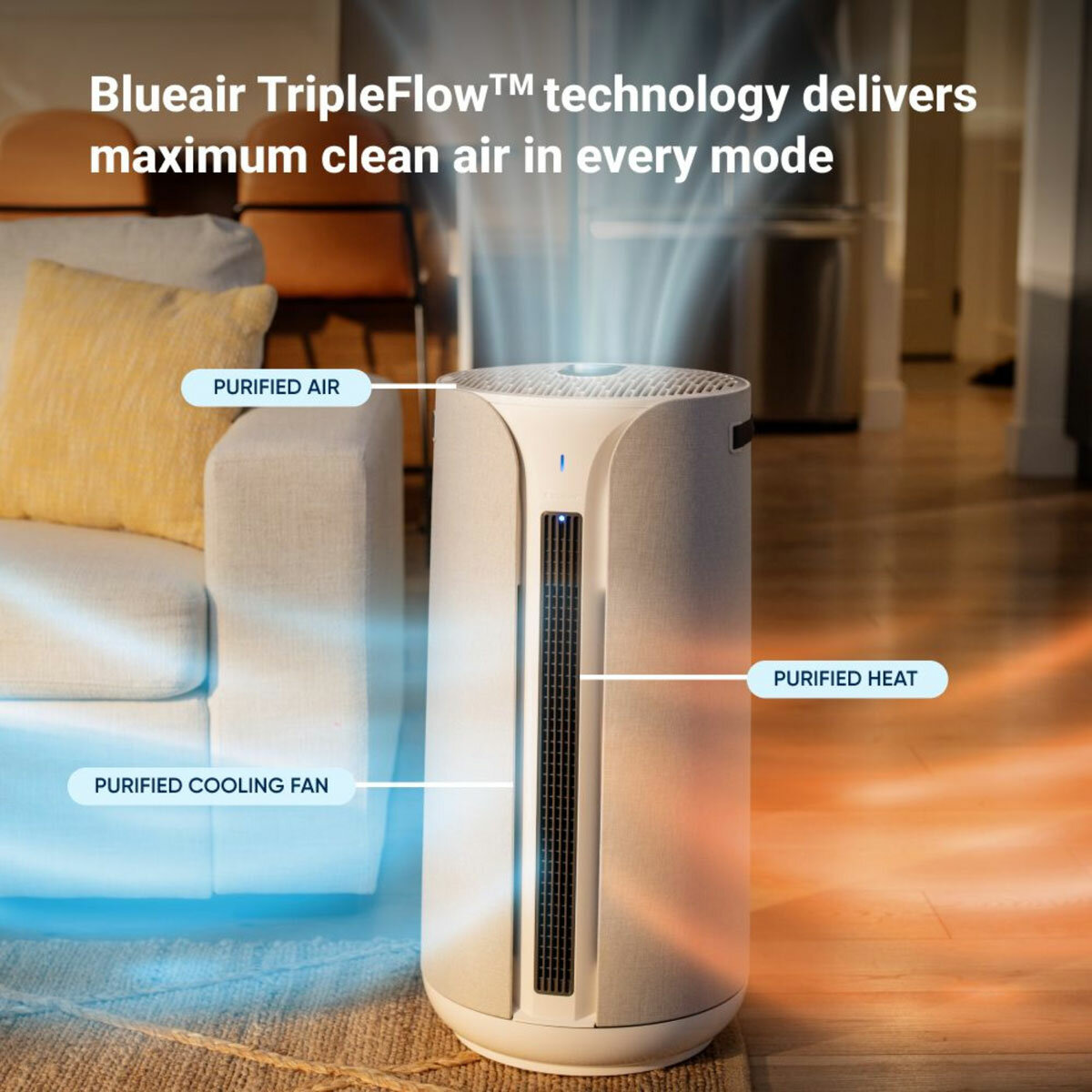 Lifestyle image of Blueair T20i ComfortPure™ 3-in-1 Air Purifier with TipleFlow technology delivering maximum clean air in every mode Lifestyle image of Blueair T20i ComfortPure™ 3-in-1 Air Purifier with TipleFlow technology delivering maximum clean air in every mode