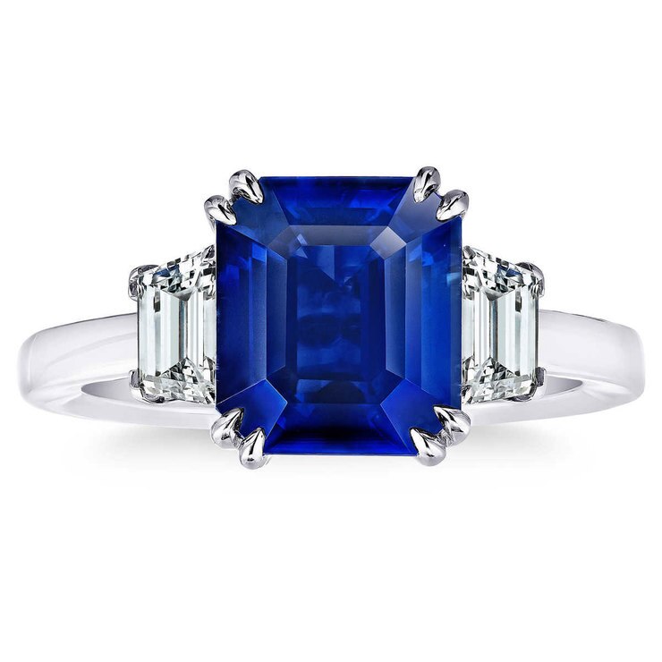 Emerald Cut Blue Sapphire and 0.77ctw Diamond Ring, Platinum Costco UK
