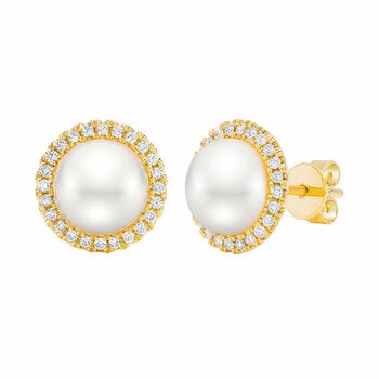 8-9mm Cultured Freshwater White Button Pearl & 0.25ctw Diamond Halo Earrings, 14ct Yellow Gold