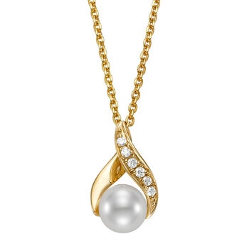 6.5-7mm Cultured Freshwater Pearl & 0.08ctw Diamond Pendant, 14ct Yellow Gold