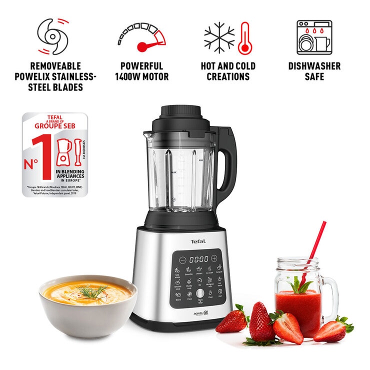 Tefal PerfectMix 2-in-1 Blender & Soup Maker with Removable Blades & Steaming Basket in Stainless Steel, BL83SD65