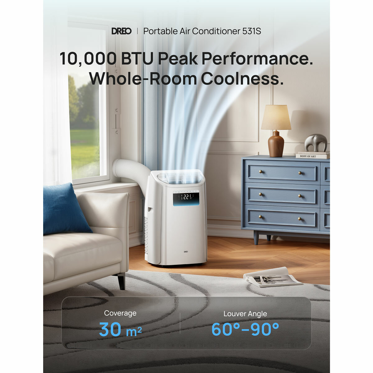 Lifstyle image of Dreo Smart 3-in-1 Portable Air Conditioner in living room