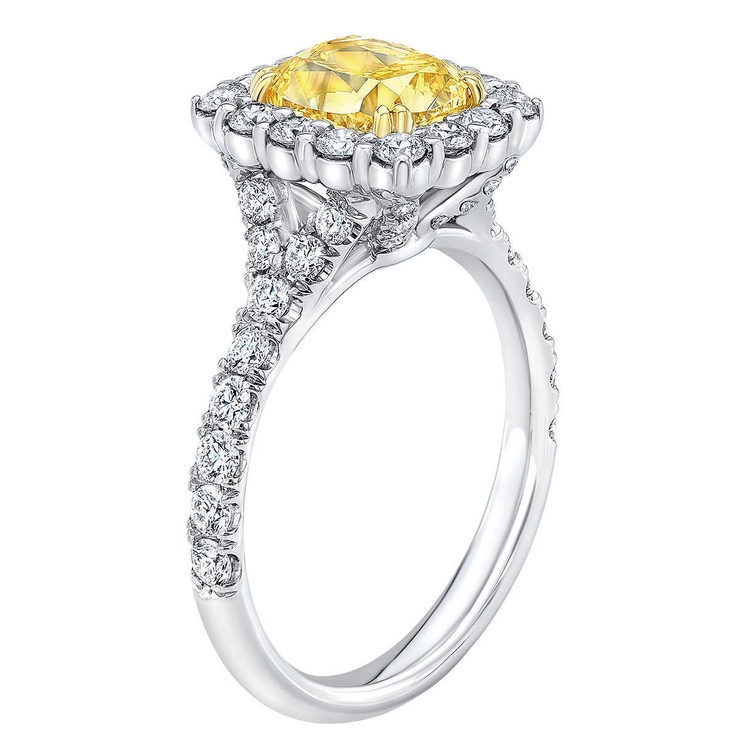 3.06ctw Cushion Cut Fancy Vivid Yellow Diamond Ring, Platinum and 18ct