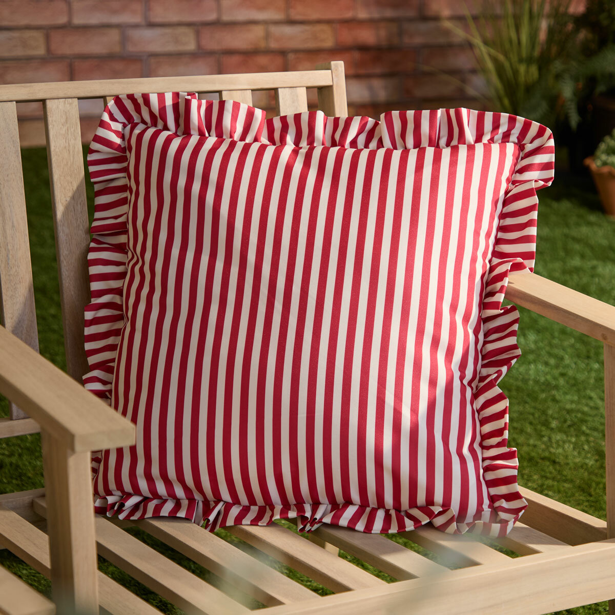 Wylder Millie Ruffle Red Striped Indoor Outdoor Cushion, 50 x 50 cm