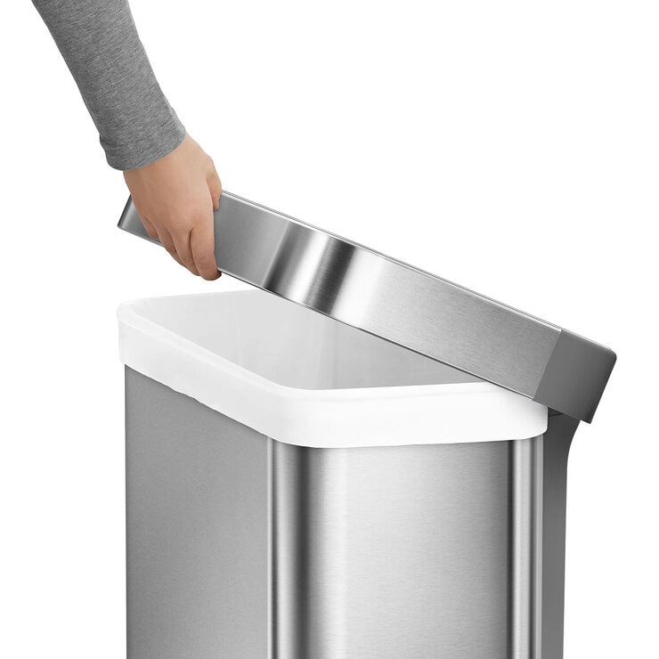Open Simplehuman 55L Rectangular Step Bin, Brushed Stainless Steel with Grey Plastic Lid