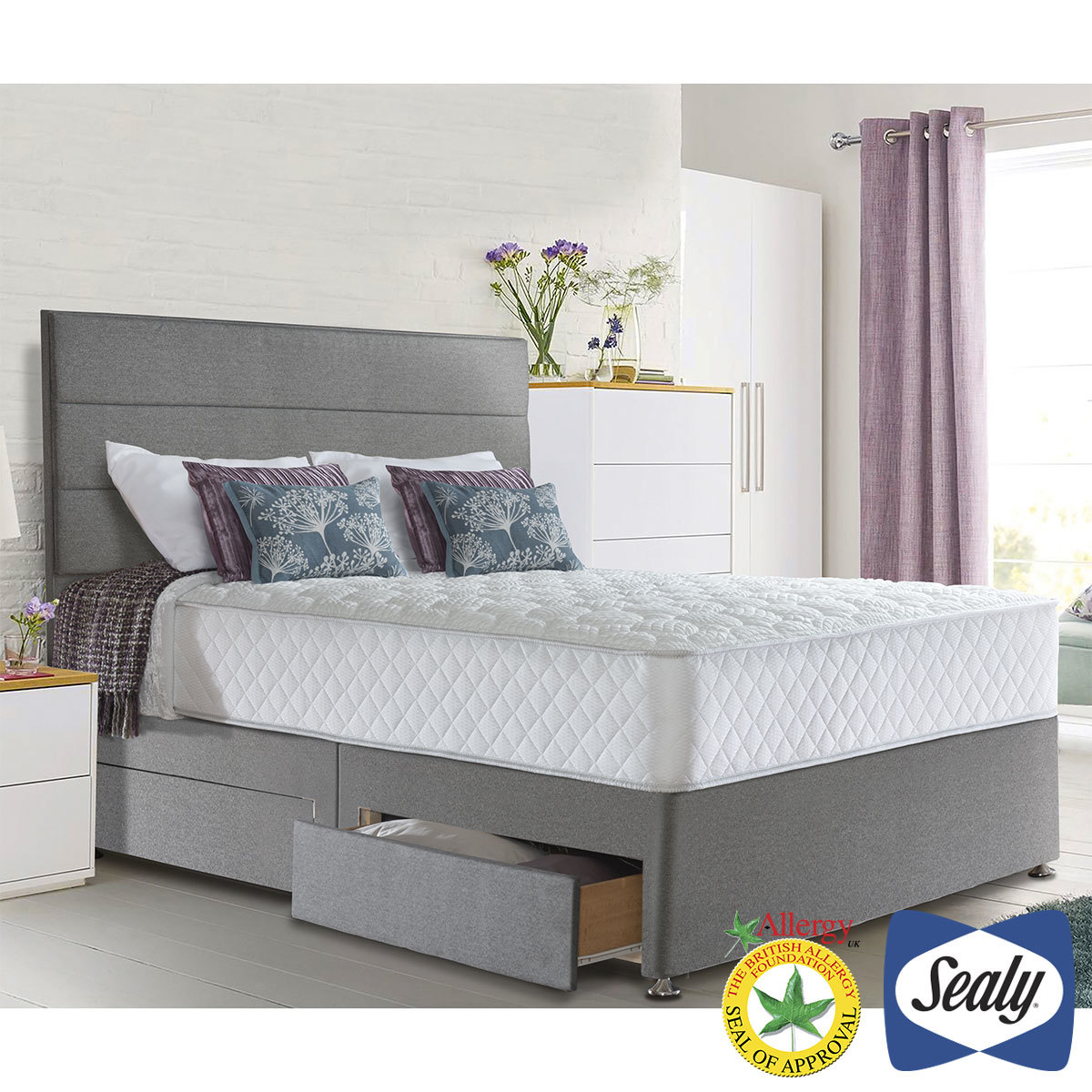 Sealy dual spring mattress with grey divan