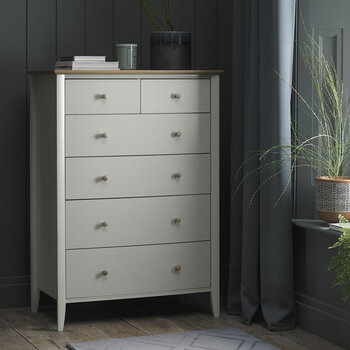 Bentley Designs Whitby Scandi Oak & Soft Grey 6 Drawer Chest of Drawers