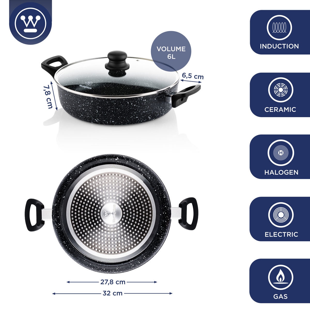 Westinghouse Low Non-Stick Casserole with Lid, 32cm