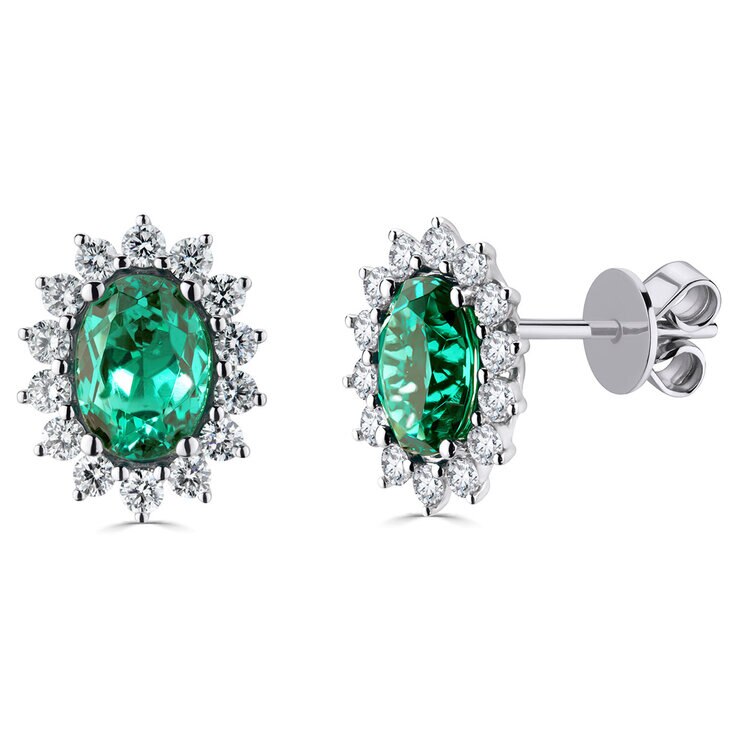 Oval Cut Lab Emerald & 0.53ctw Diamond Earrings, 18ct White Gold Oval Cut Lab Emerald & 0.53ctw Diamond Earrings, 18ct White Gold