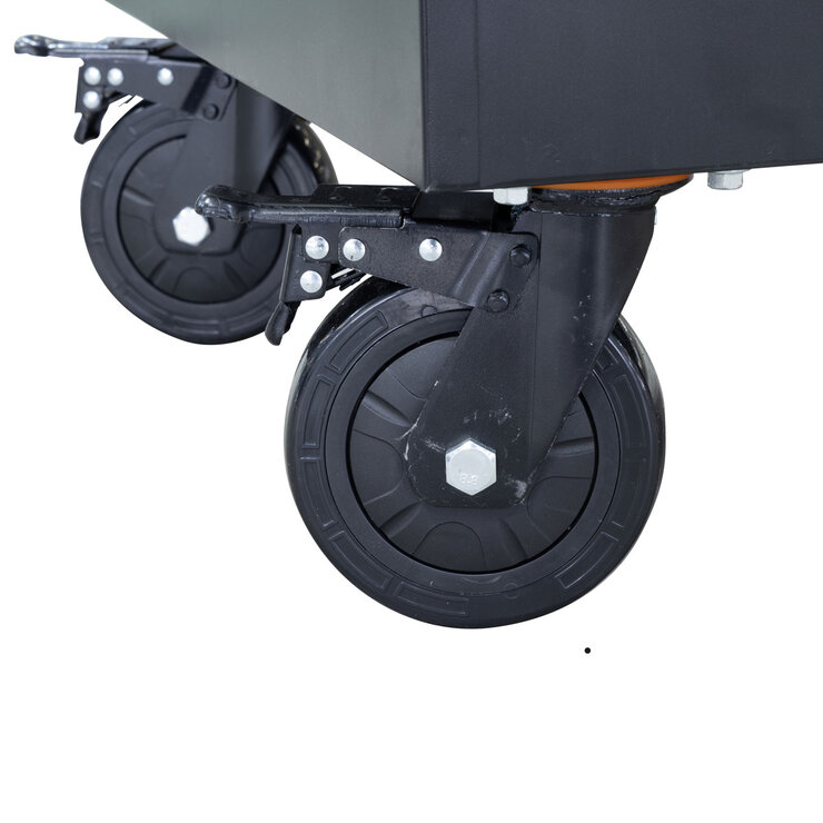 Close up wheels of HILKA 55" 16 DWR TRLLY CHE TOOL TROLLEY CHEST ICC55