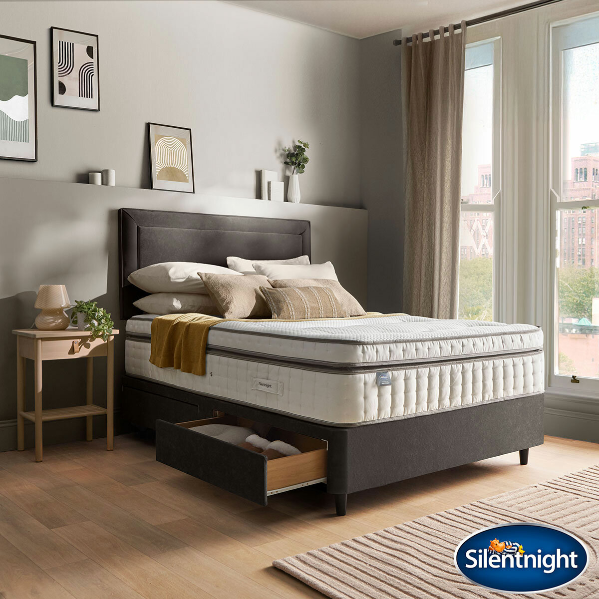 Silentnight Velvet 4 Drawer Divan Base with Malvern Headboard in 3 Colours & 3 Sizes