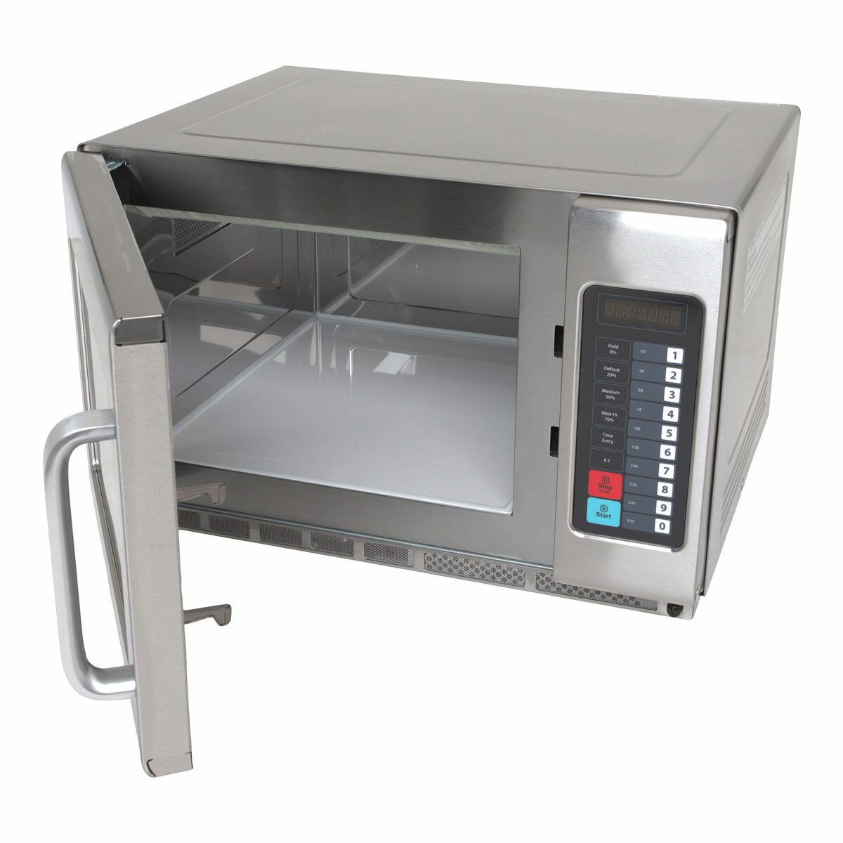 Slanted profile of Contender Commercial 1800W Microwave Oven with door opened
