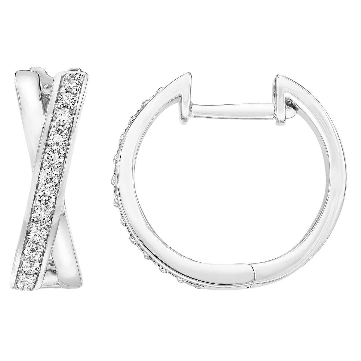 0.25ctw Cross Hoop Diamond Earrings, 14k White Gold