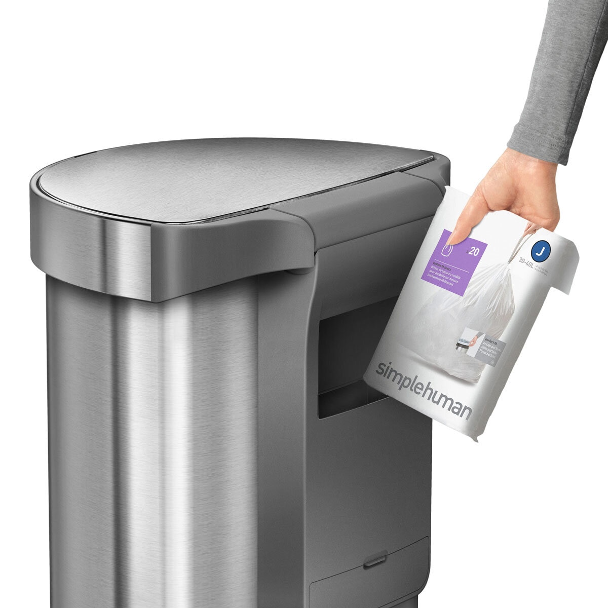 Bin bag feature in Simplehuman 45L Semi Round Sensor Bin, brushed stainless steel