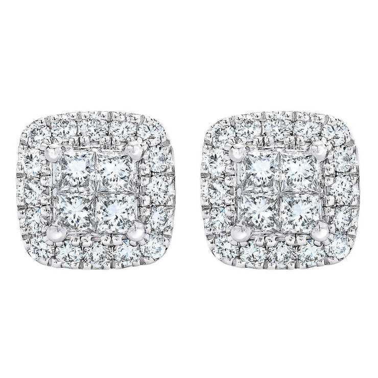 0.40ctw Princess & Round Brilliant Cut Diamond Stud Earrings, 14ct White Gold