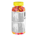 Back shot of gummy vitamins in plastic jar with yellow label
