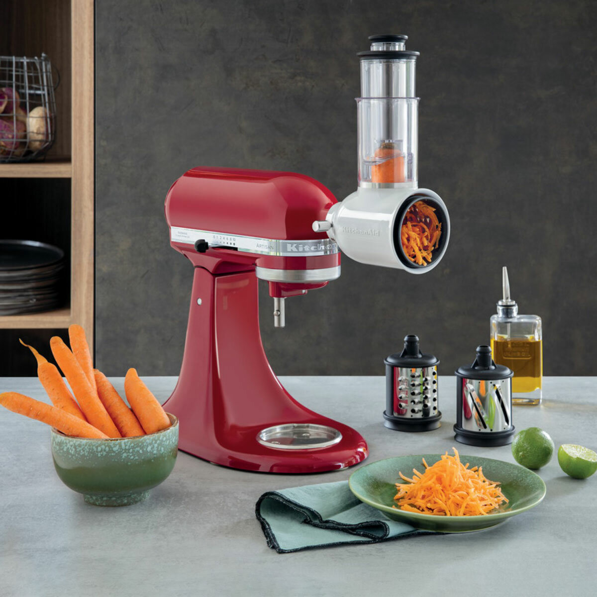 Lifestyle image of KitchenAid Fresh Prep Slicer / Shredder attached to the stand mixer