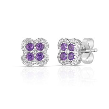 Round Cut Amethyst & 0.15ctw Diamond Earrings, 14ct White Gold