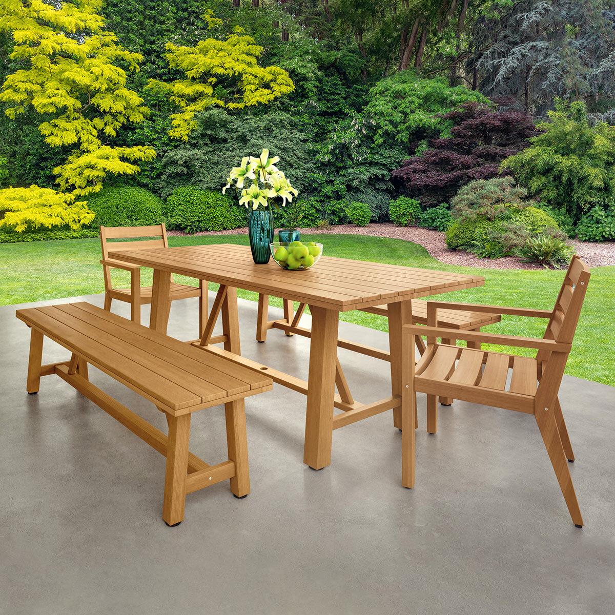 Atleisure 5 Piece Farmhouse Eucalyptus Wood Outdoor Dining Set Costco Uk