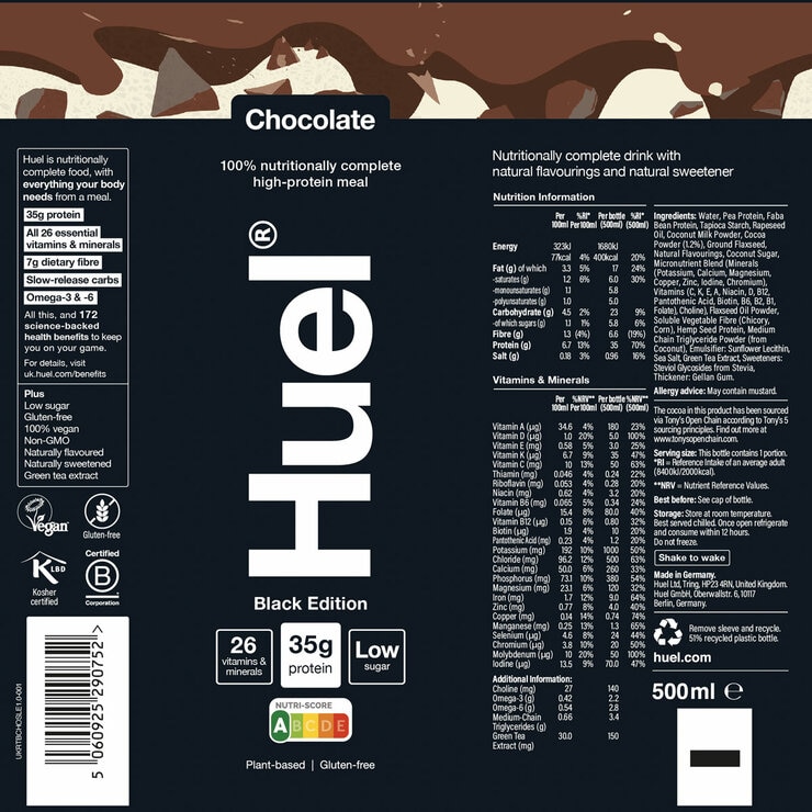 Huel Black Edition Chocolate nutritional information