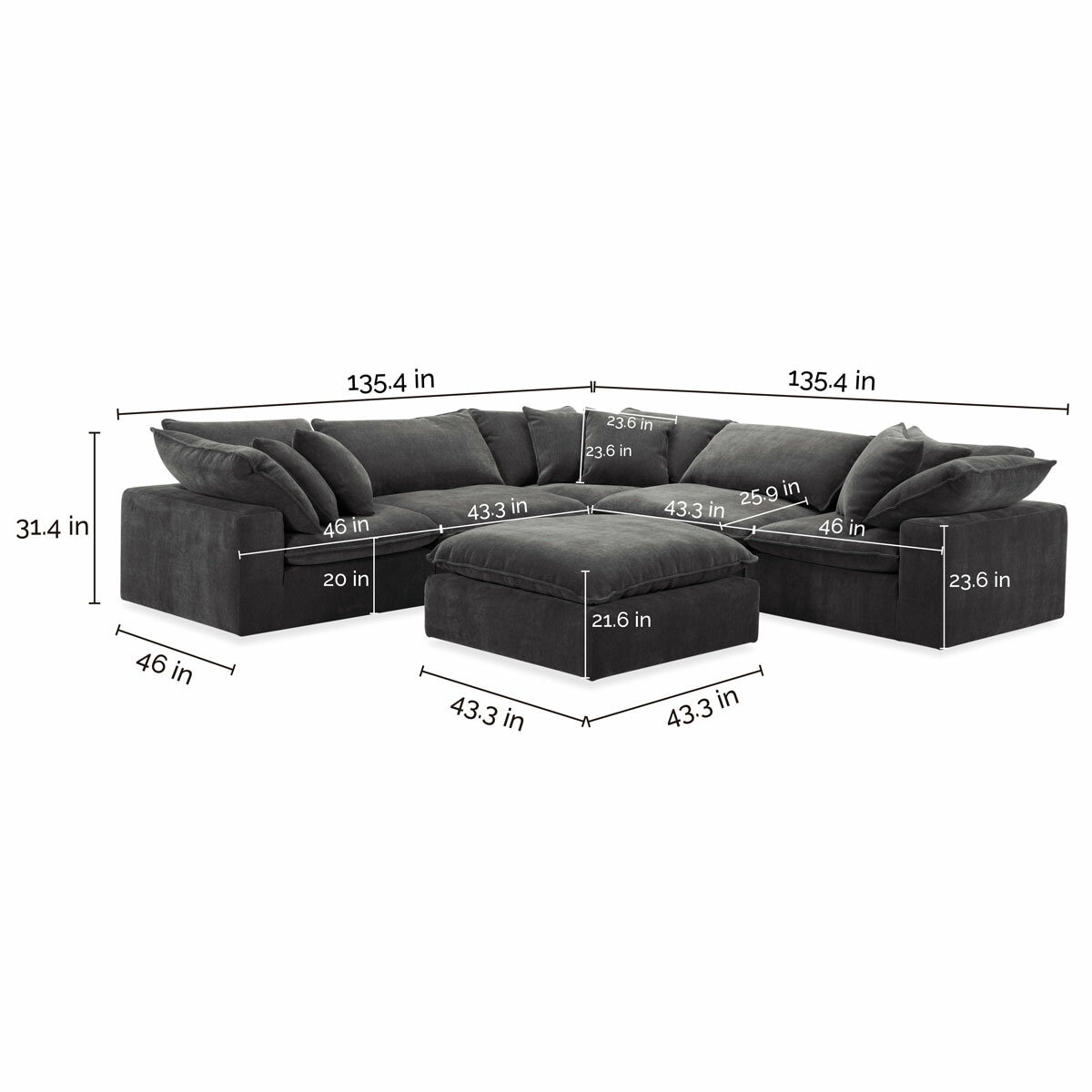 Aiden & Ivy Sereen Dark Grey Fabric 6 Piece Modular Sofa