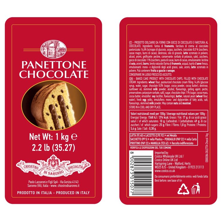 Lazzaroni Chiostro Di Saronno Chocolate Panettone, 1kg Lazzaroni Chiostro Di Saronno Chocolate Panettone, 1kg