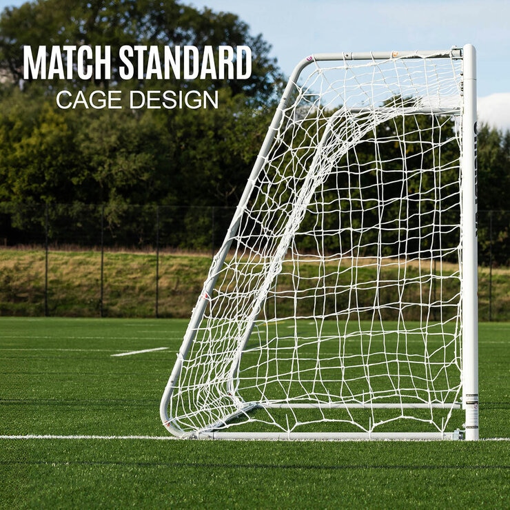 Lifestyle image of the side of the goal, showing the match standard cage design