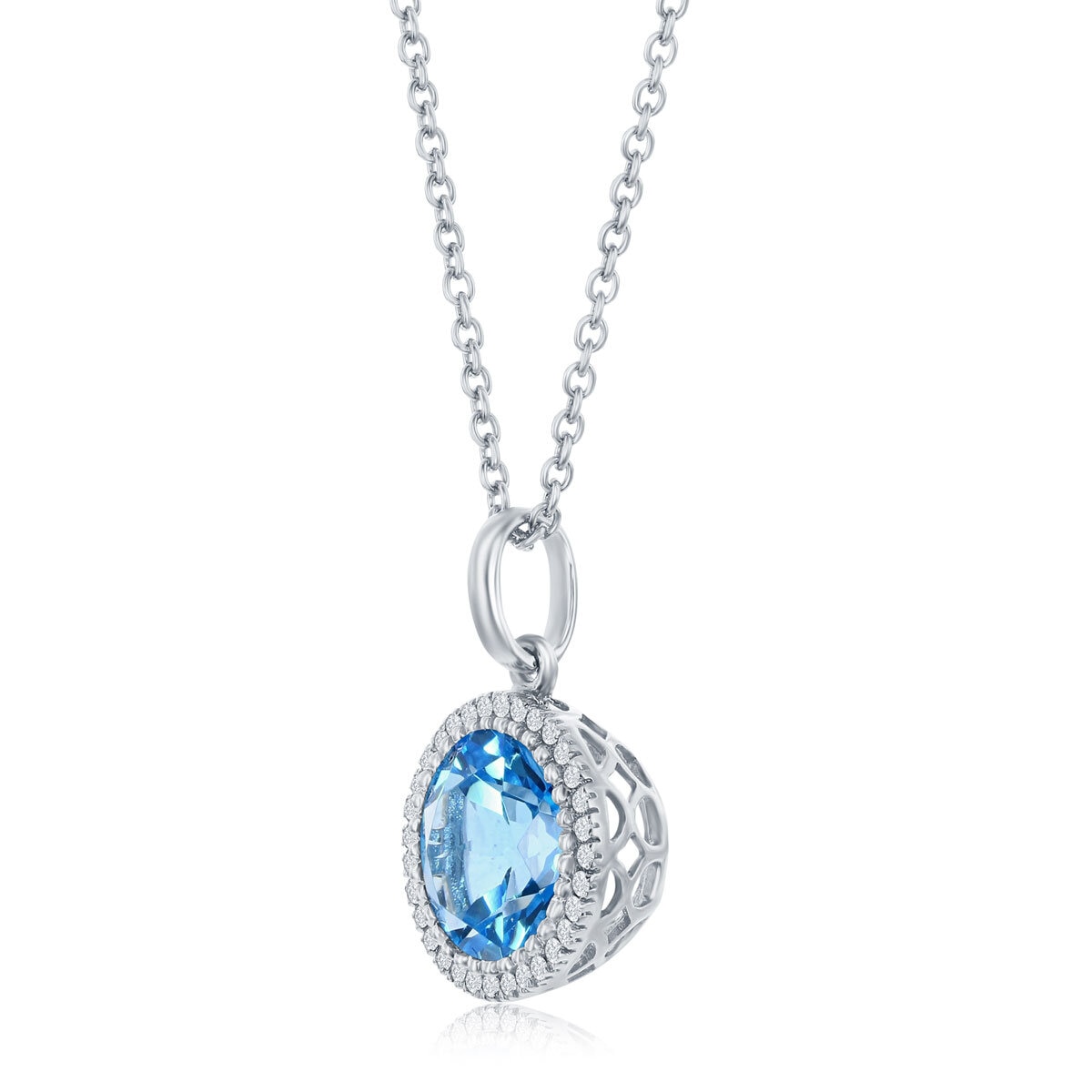 Round Cut Blue Topaz 0.10ctw Diamond Pendant, 14ct White Gold