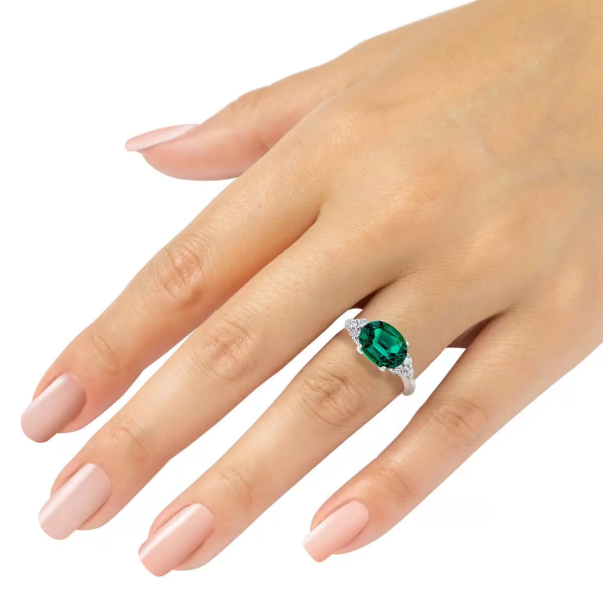 Oval Cut Lab Created Emerald & 0.23ctw Diamond Ring, 14ct White Gold