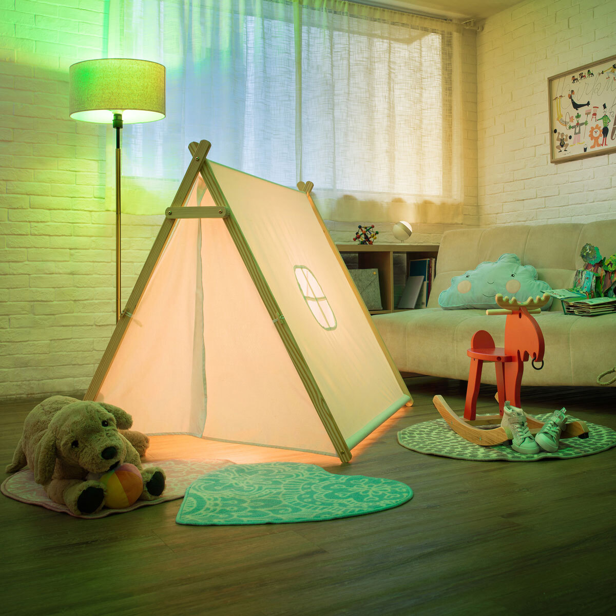 Lifestyle image of living room with tent and light bulbs in use