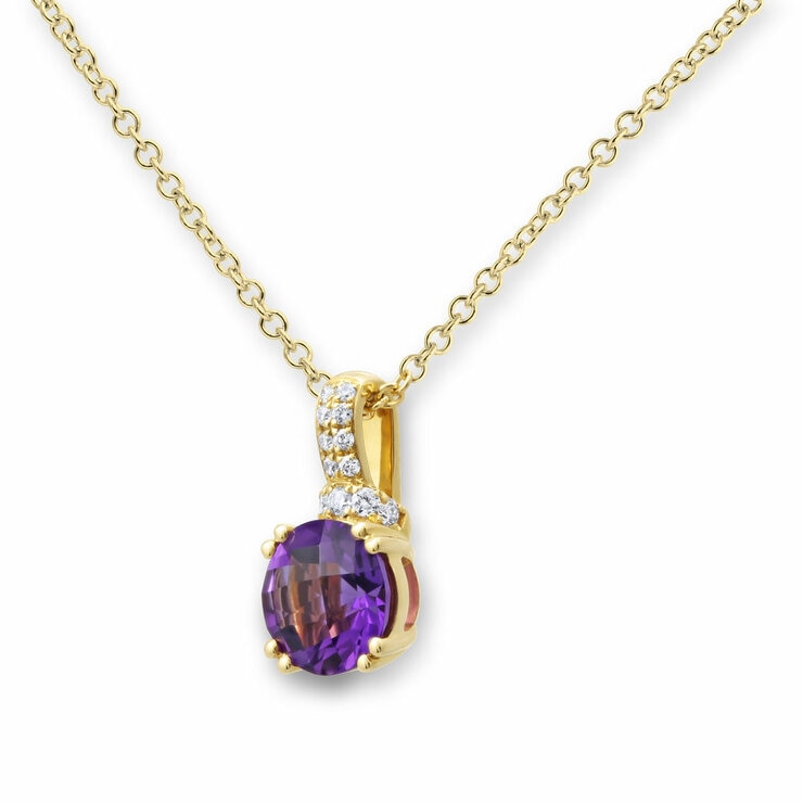 Round Cut Amethyst & 0.09ctw Diamond Pendant, 18ct Yellow Gold
