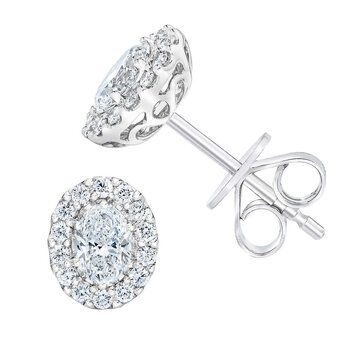 0.70ctw Oval & Round Brilliant Cut Diamond Halo Stud Earrings, 14ct White Gold