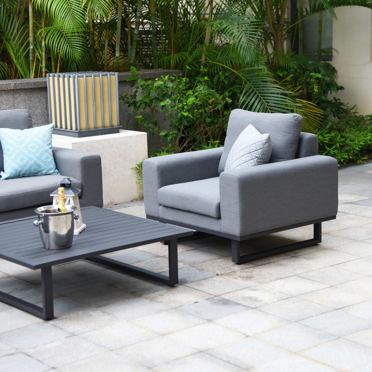 Maze Ethos 4 Piece Deep Seating Patio Set + 10 x 10ft Solar LED Cantilever Umbrella with Base (in Grey)