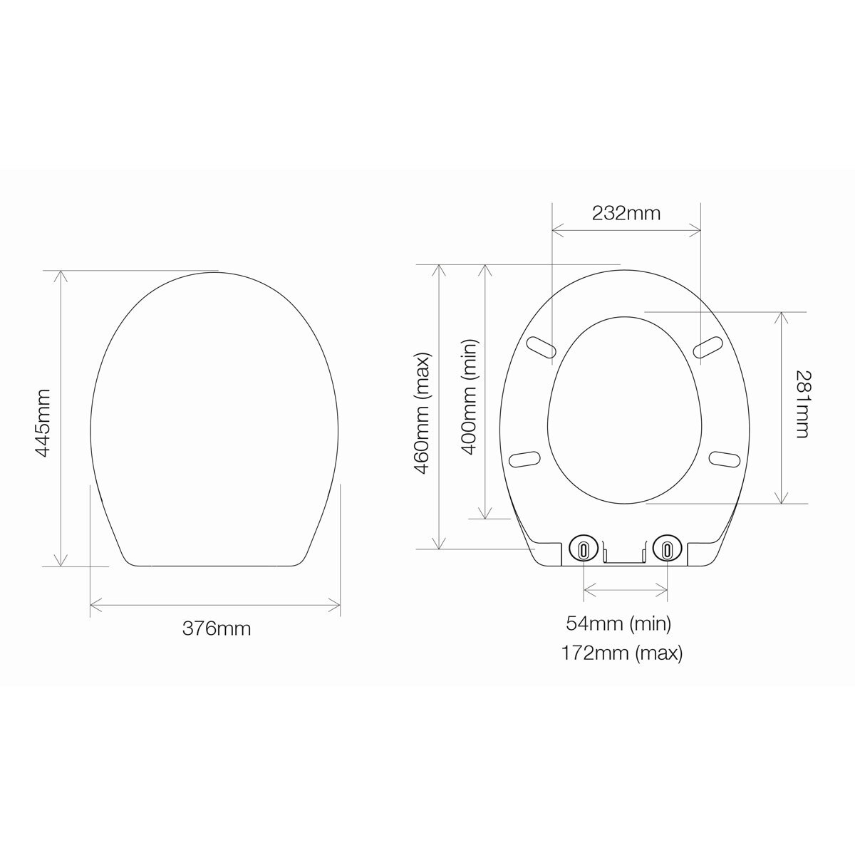 Line drawing of toilet seat on white background with dimensions