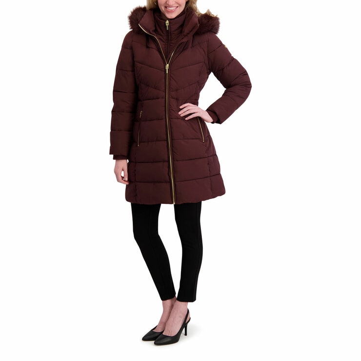 Halston Ladies Hooded Walker Coat in Burgundy