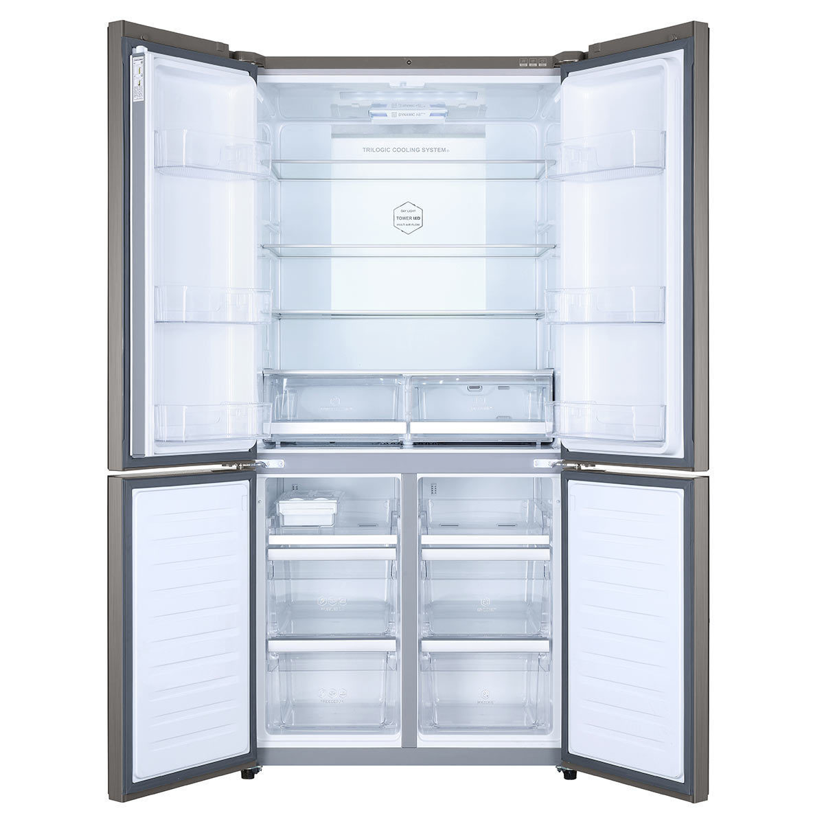 Front view of fridge, doors open, empty