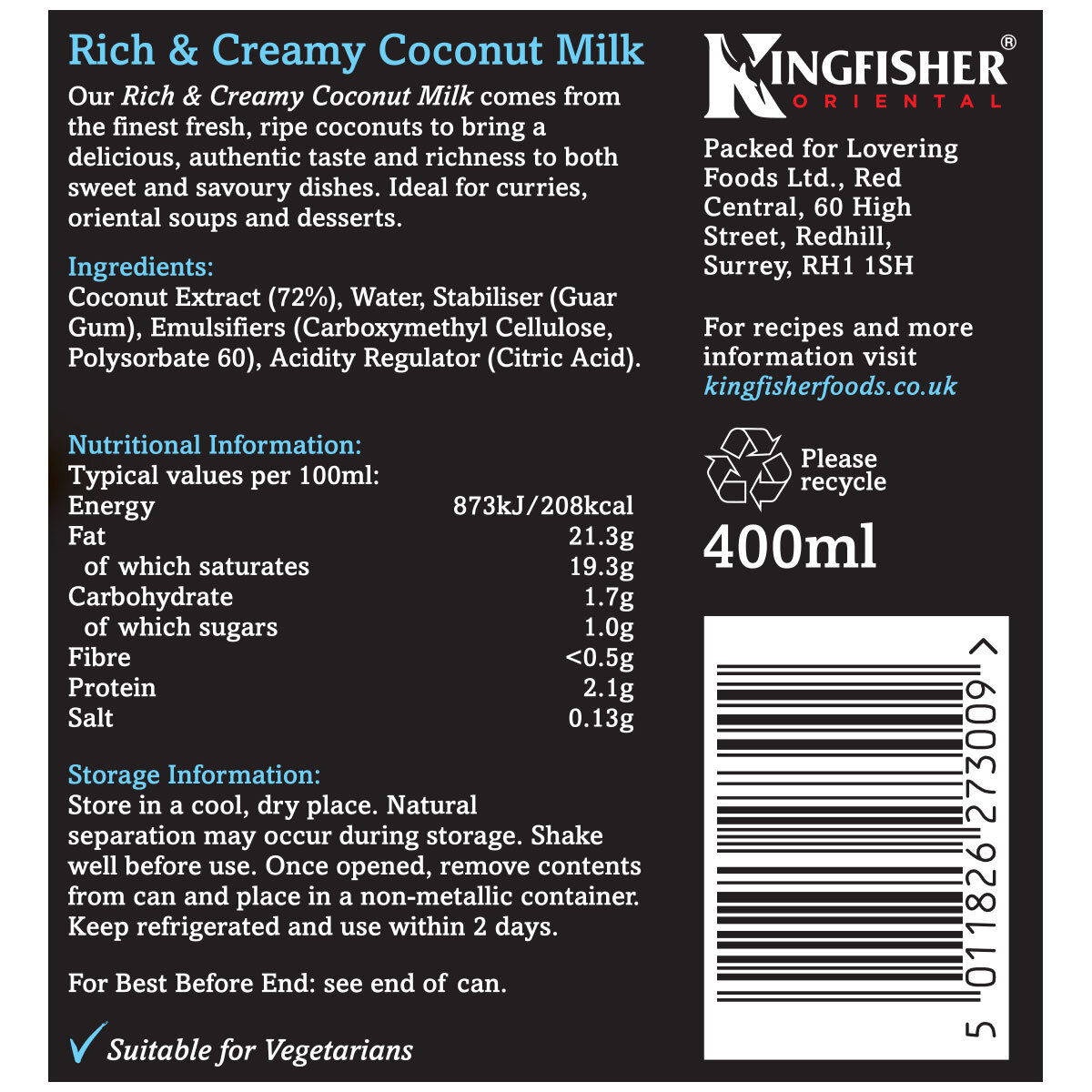 Kingfisher Oriental Coconut Milk, 6 x 400ml