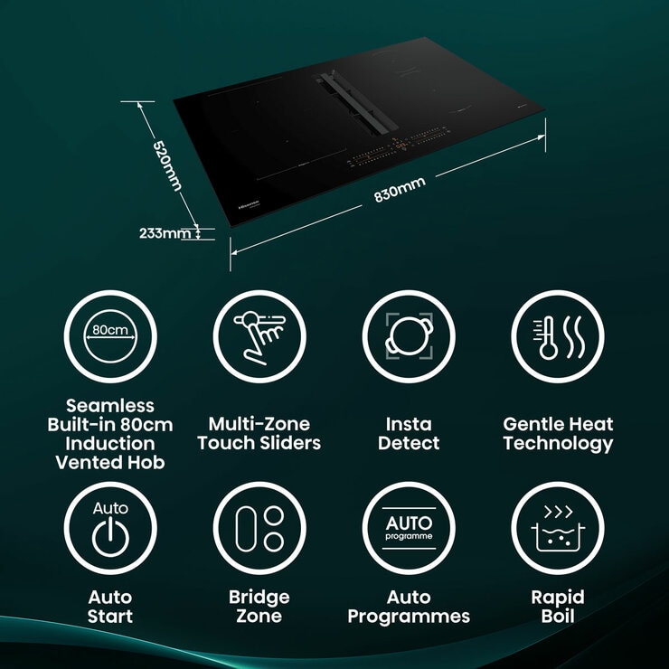 Hisense Hi6 HEH8432BSCWF 83cm Induction Hob with Bridge Zone in Black For External / Recirculation Ventilation