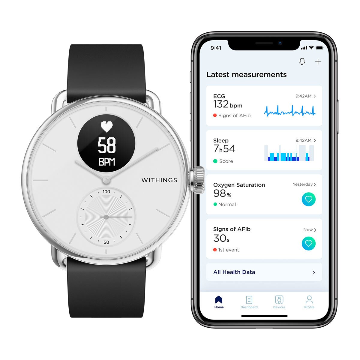 Withings Scanwatch 38mm, Hybrid SmartWatch with ECG, Heart Rate an