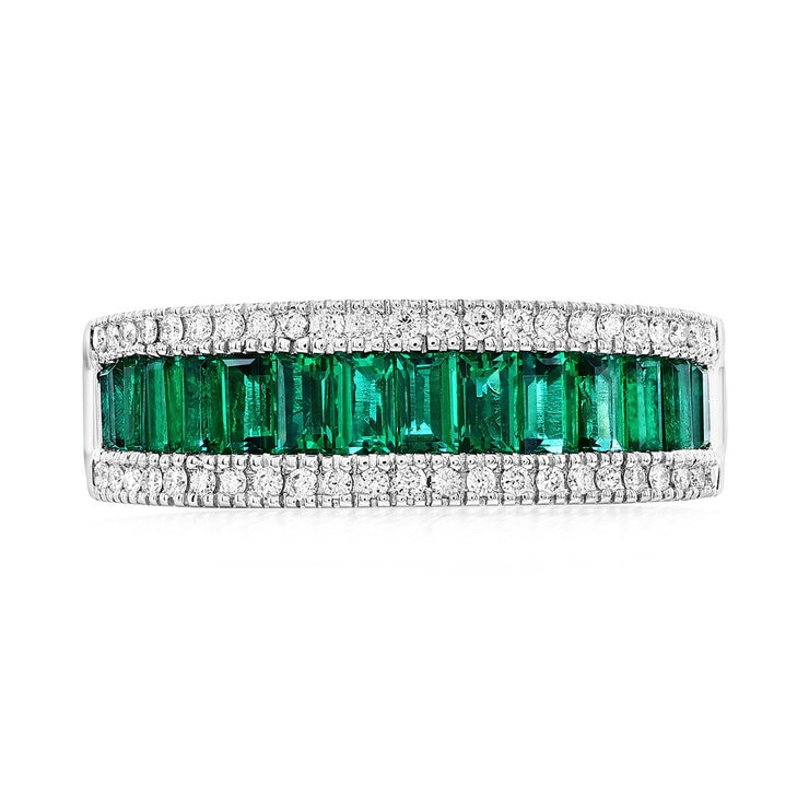 Baguette Cut Lab Emerald & 0.22ctw Diamond Ring, 18ct White Gold