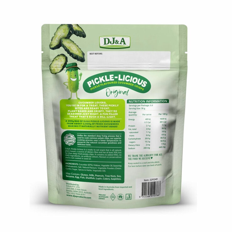 Back of pack DJ&A Pickle-Licious Cucumber Crisps, 200g