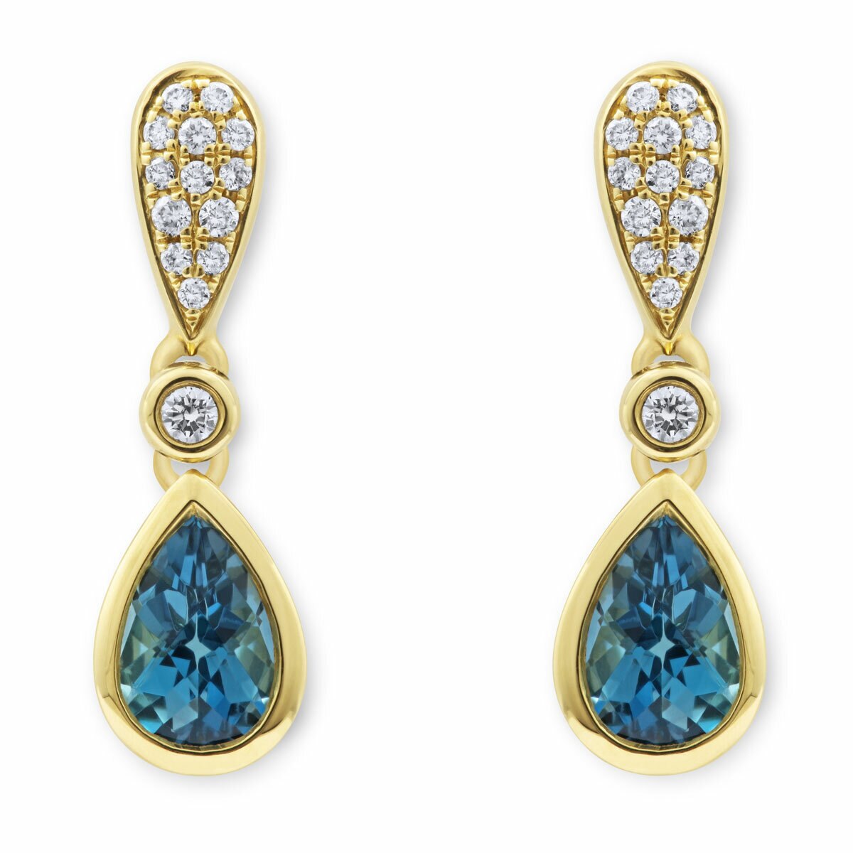 Pear Cut Blue Topaz & 0.13ctw Diamond Earrings, 18ct Yellow Gold