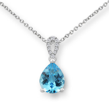 Pear Cut Blue Topaz & 0.08ctw Diamond Drop Pendant, 18ct White Gold