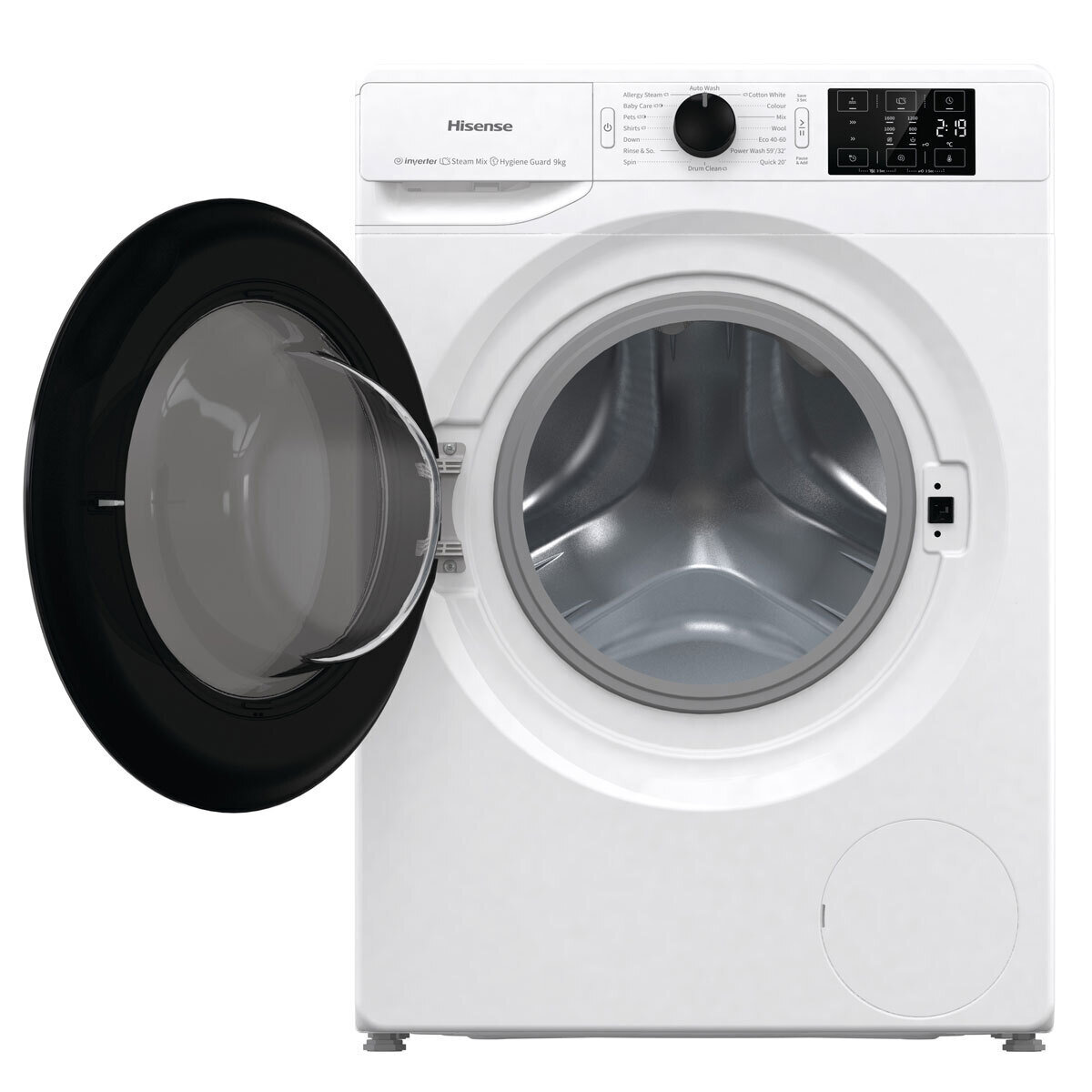 Front image with door open of Hisense 9kg Washing Machine WFGE901649VM @ www.costco.co.uk