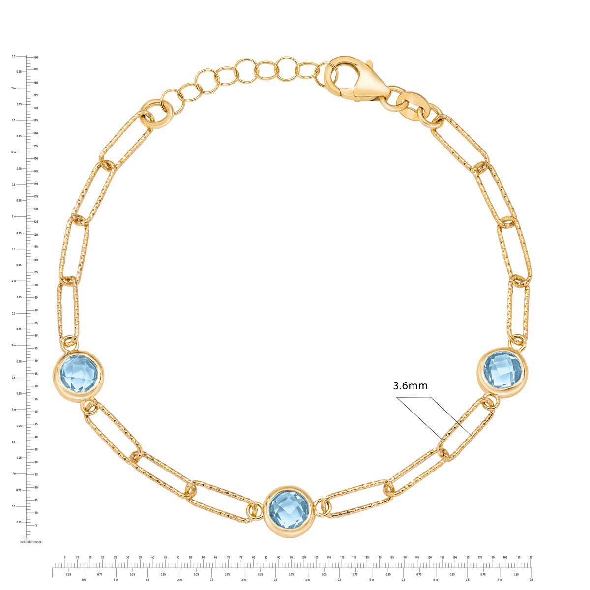 Round Cut Aquamarine Paperclip Bracelet, 14ct Yellow Gold