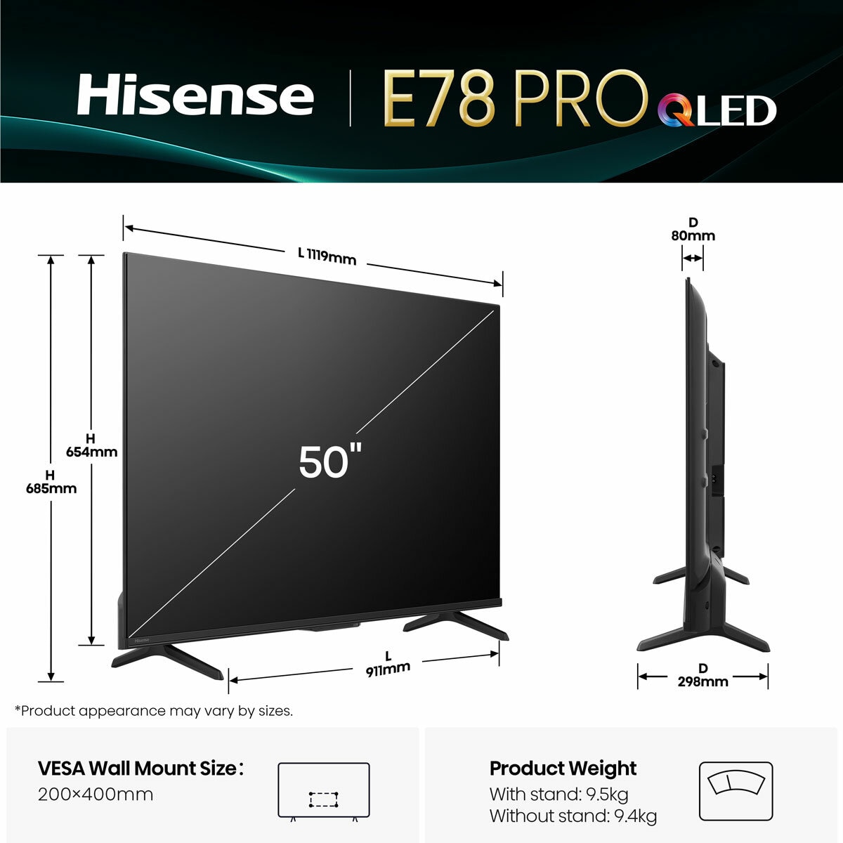 Hisense 50E78QTUK PRO 50 Inch QLED HD Smart TV