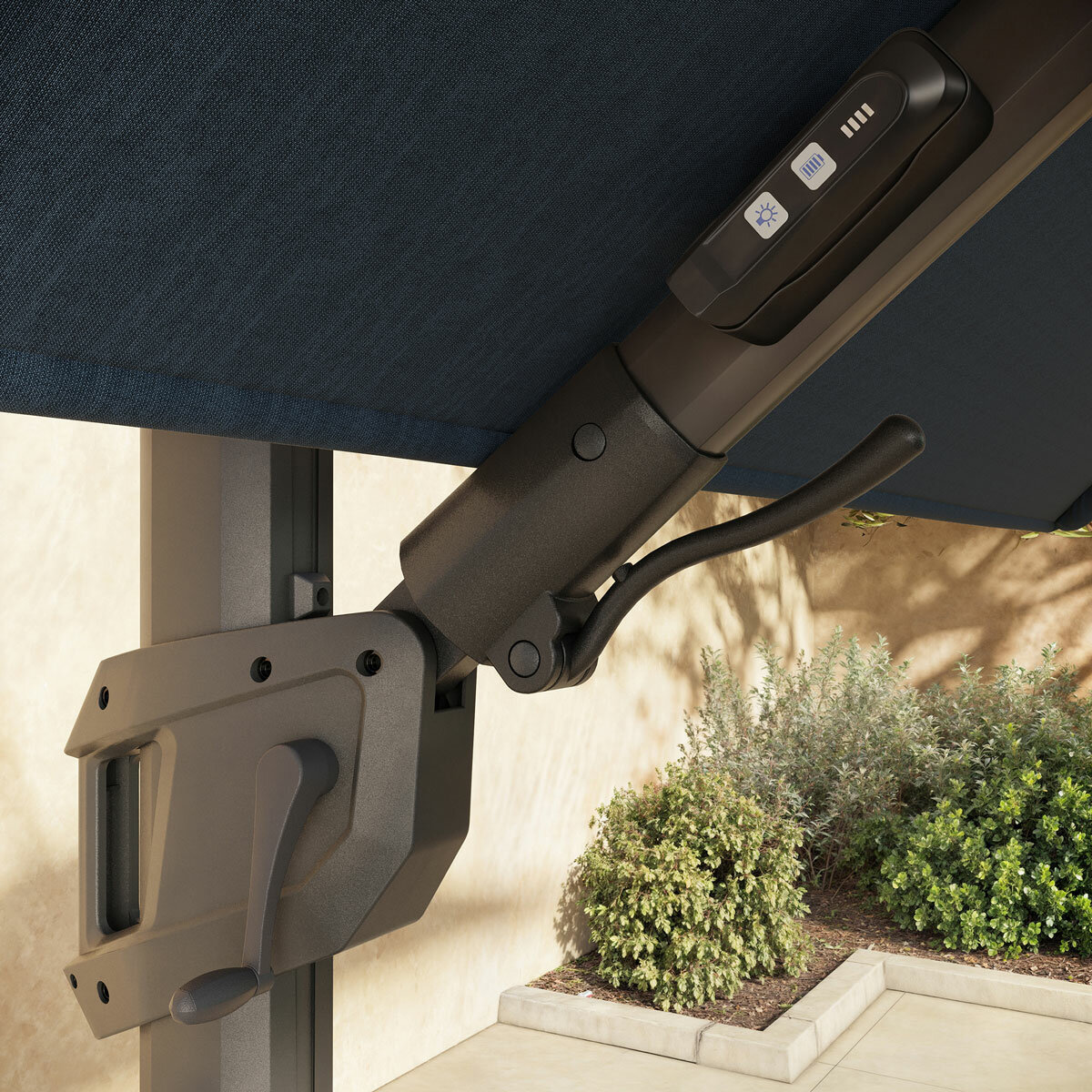 Seasons Sentry 10ft (3m) Square 2-Tier LED Solar Cantilever Umbrella with Rolling Base in Blue Seasons Sentry 10ft (3m) Square 2-Tier LED Solar Cantilever Umbrella with Rolling Base in Blue