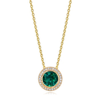 Round Cut Lab Emerald & 0.10ctw Diamond Pendant, 14ct Yellow Gold