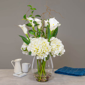 Artificial White Hydrangea and Cala Lily in Glass Vase