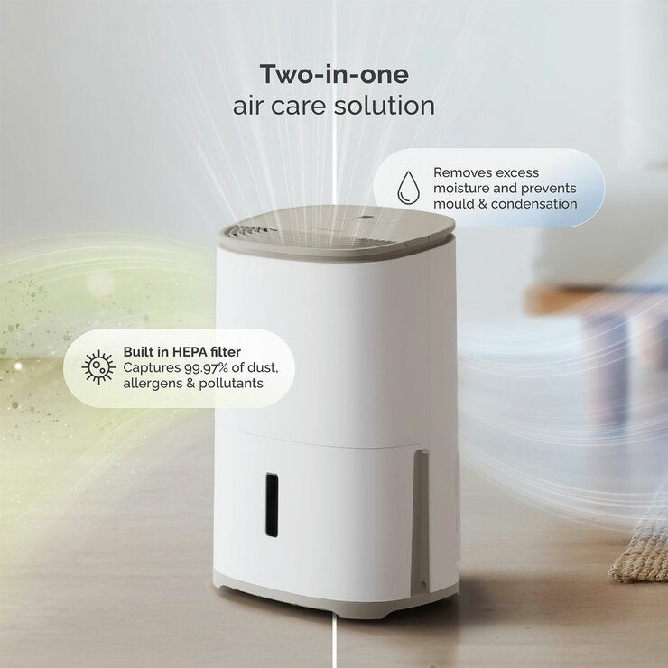 Lifestyle image of dehumidifer and features Lifestyle image of dehumidifer and features